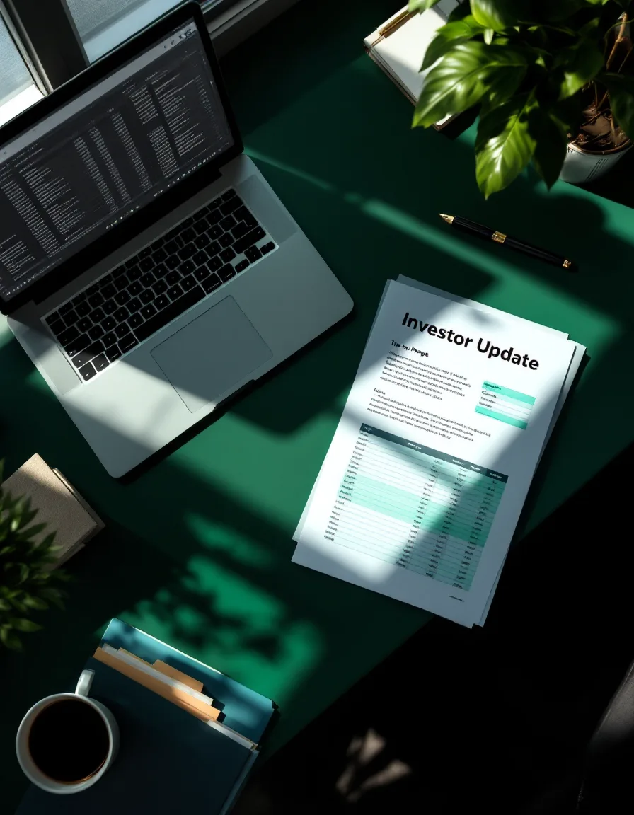 A laptop spreadsheet and a printed one-page investor update with a highlighted line, on a dark green desk